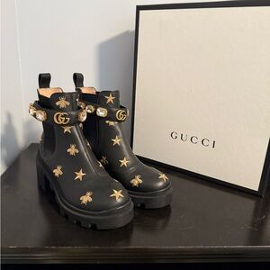 Gucci Black Boots with Gold Star and Bee Accents